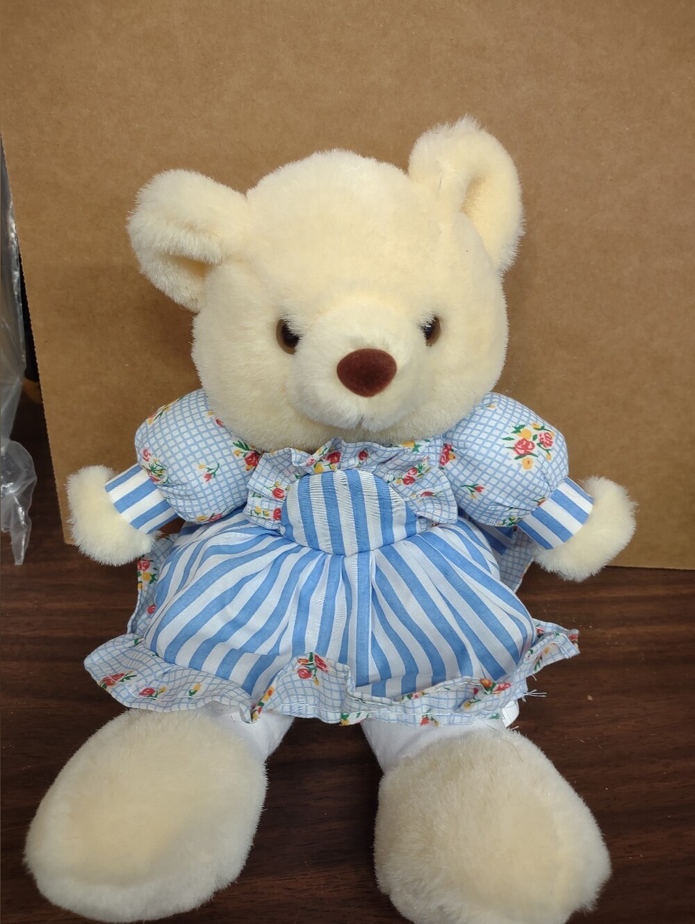 Yellow 12" Bear with Floral Dress and Stripes Dress Vintage